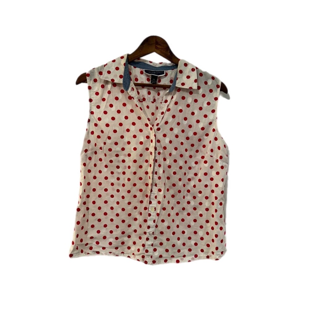 Karen Scott Button Down Shirt Women PXL White Red Excellent Polka Dot Sleeveless